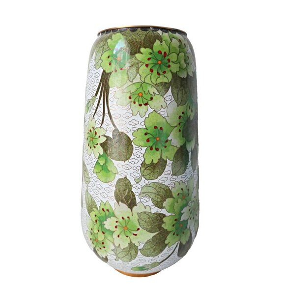 Vintage Cloisonne Large Vase with Wood Stand Hand Painted Floral Enamel - Picture 4 of 9